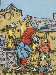 Tarot karta Šestica kelihi — pokončno