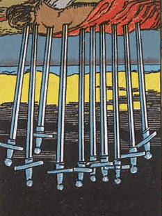Tarot karta Desetica meči — obrnjeno