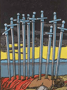 Tarot karta Desetica meči — pokončno