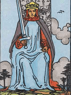 Tarot karta Kralj meči — pokončno