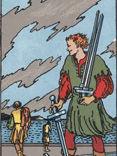 Tarot karta Petica meči — pokončno