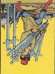 Tarot karta Sedmica meči — obrnjeno