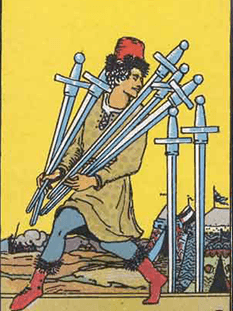 Tarot karta Sedmica meči — pokončno