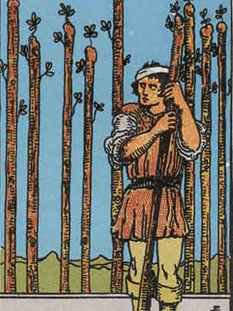 Tarot karta Devetica palice — pokončno