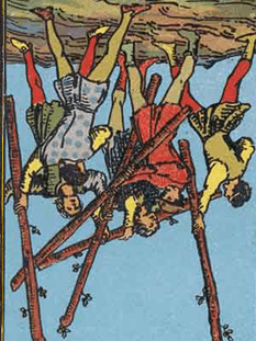 Tarot karta Petica palice — obrnjeno