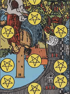 Tarot karta Desetica pentakli — obrnjeno