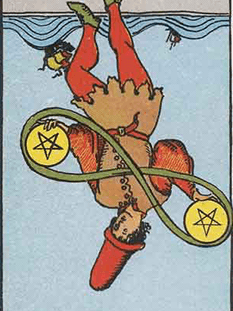 Tarot karta Dvojka pentakli — obrnjeno