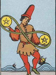 Tarot karta Dvojka pentakli — pokončno