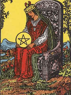 Tarot karta Kraljica pentakli — pokončno