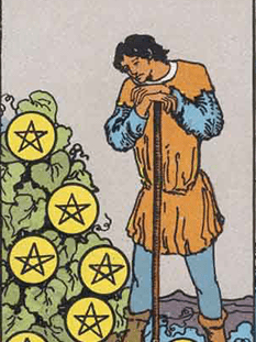 Tarot karta Sedmica pentakli — pokončno