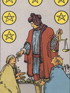 Tarot karta Šestica pentakli — pokončno