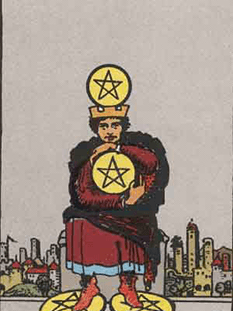 Tarot karta Štirica pentakli — pokončno